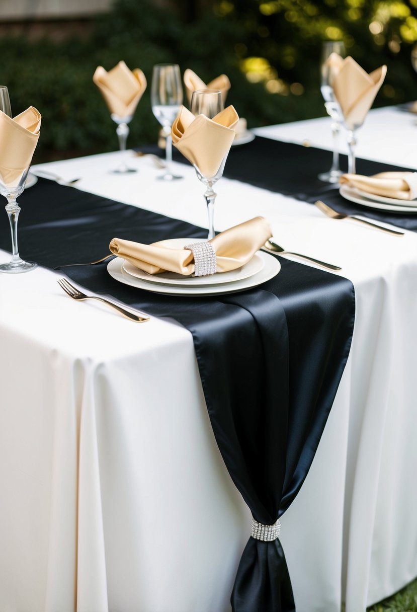 Black satin table runners draped over a white table, with champagne napkins neatly folded and placed on each setting