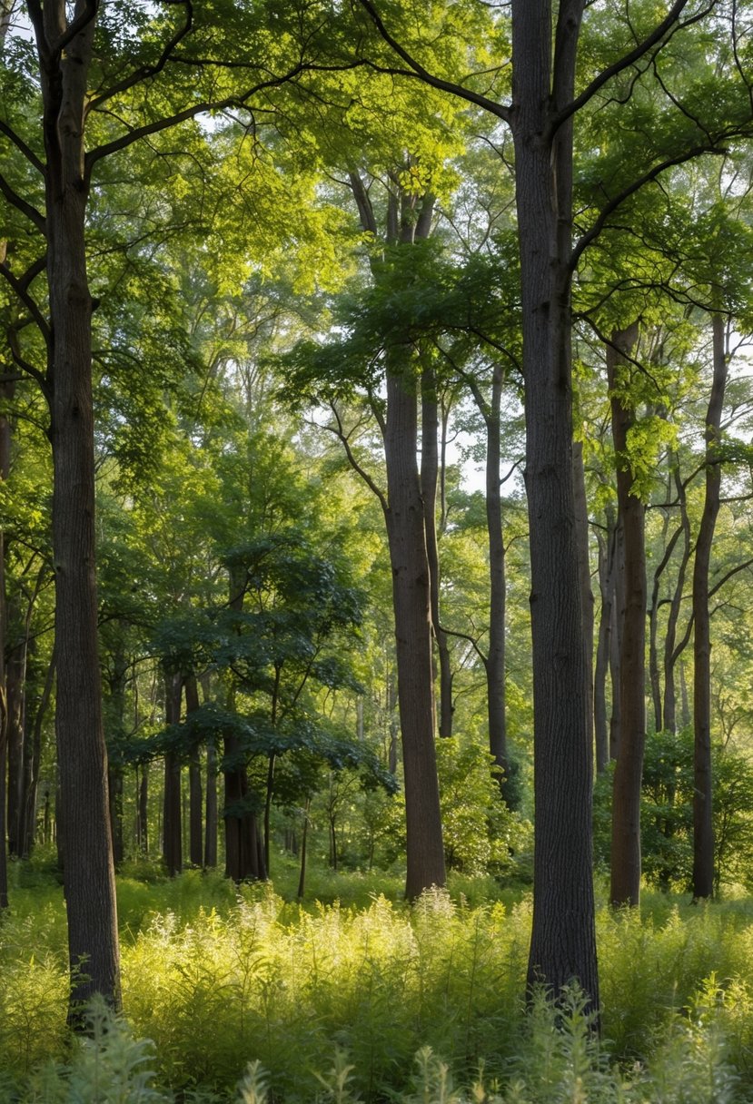 A serene forest glade with dappled sunlight filtering through the canopy, showcasing a mix of olive and sage green foliage in perfect harmony