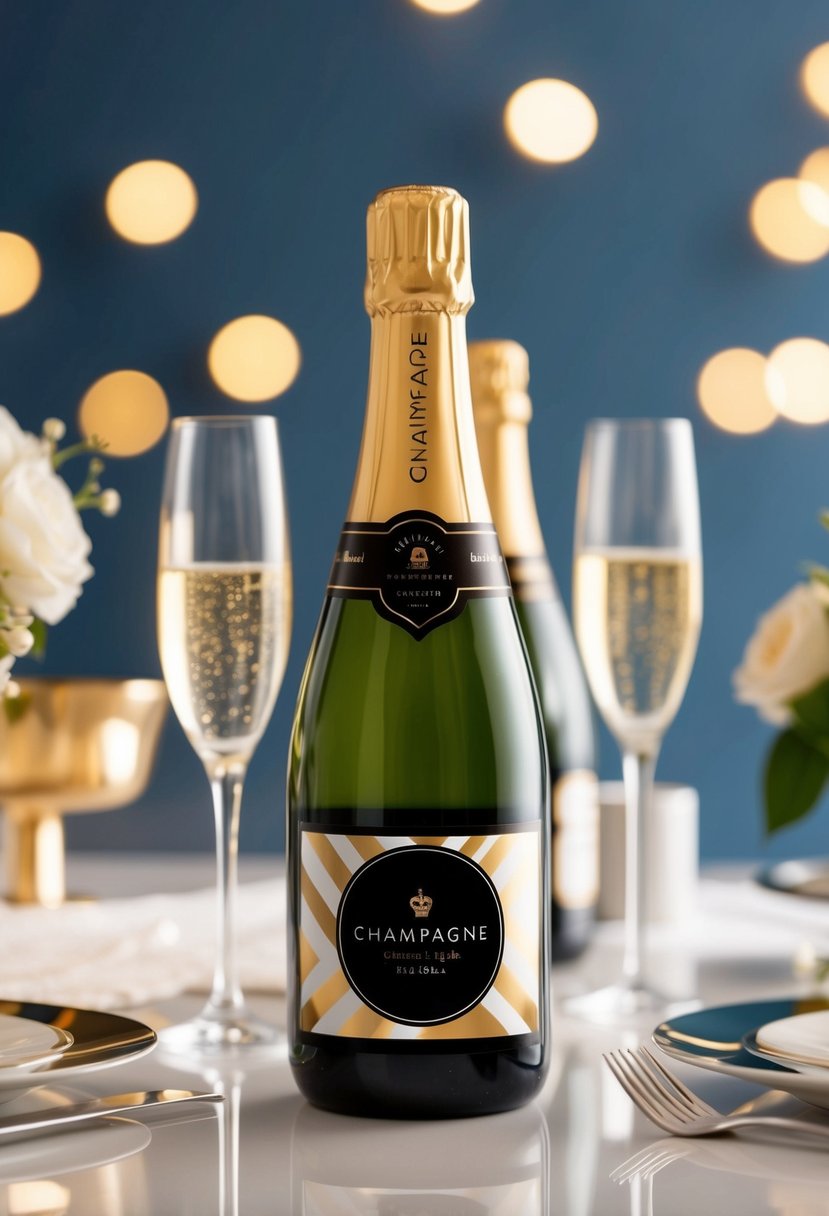 A champagne bottle with custom black and champagne labels on a sleek, elegant wedding table setting