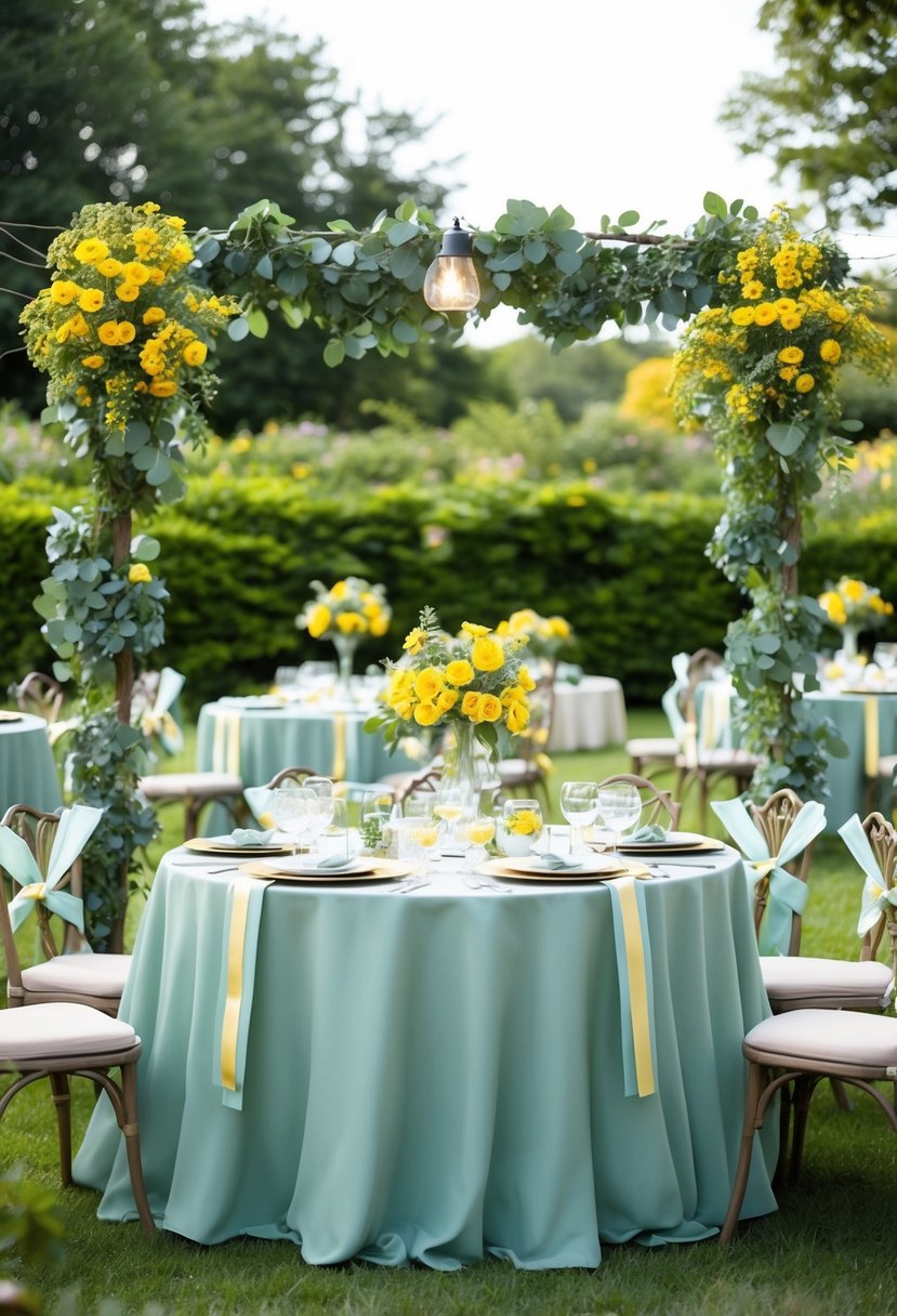 A serene garden adorned with sage green and yellow flowers, with matching ribbons and decor on tables and chairs