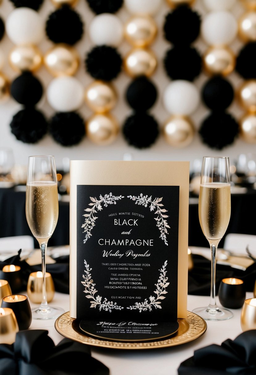 A black and champagne wedding program surrounded by elegant champagne and black decor