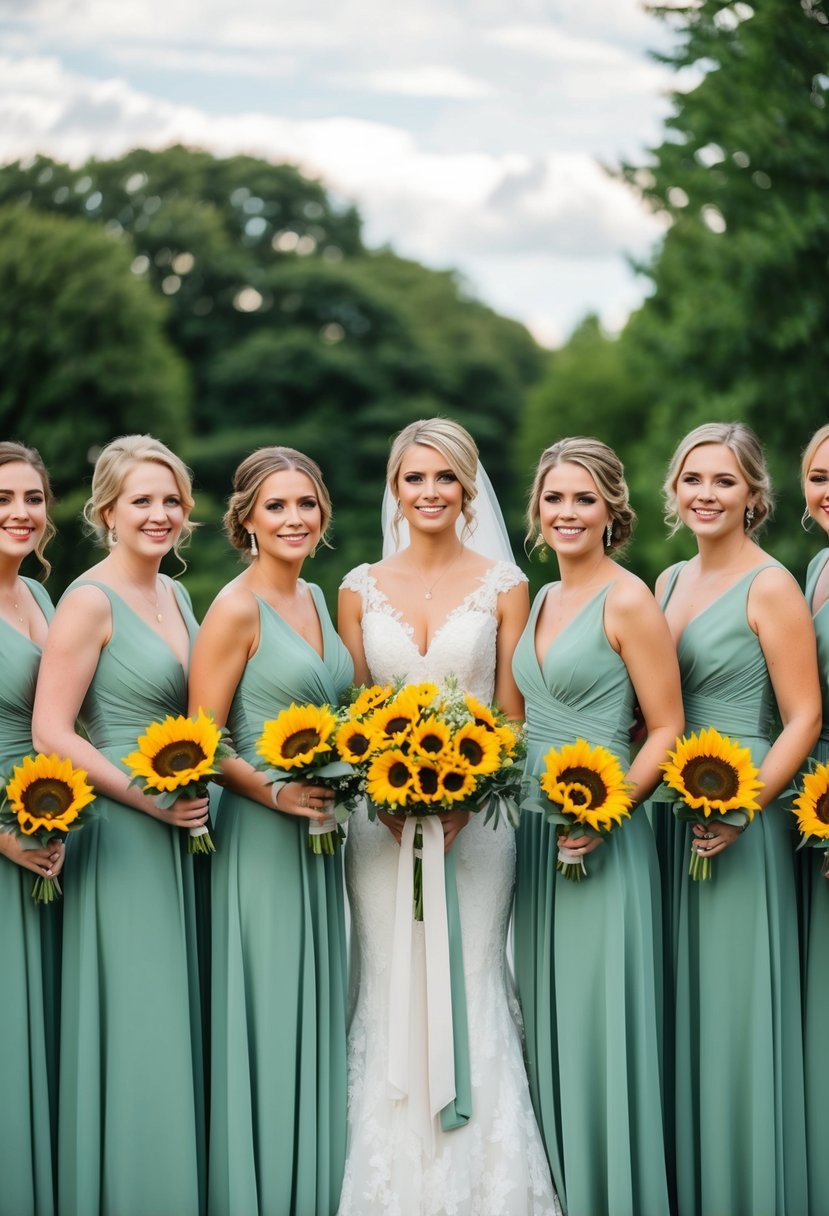 Sage green dresses and sunflower bouquets in a wedding setting