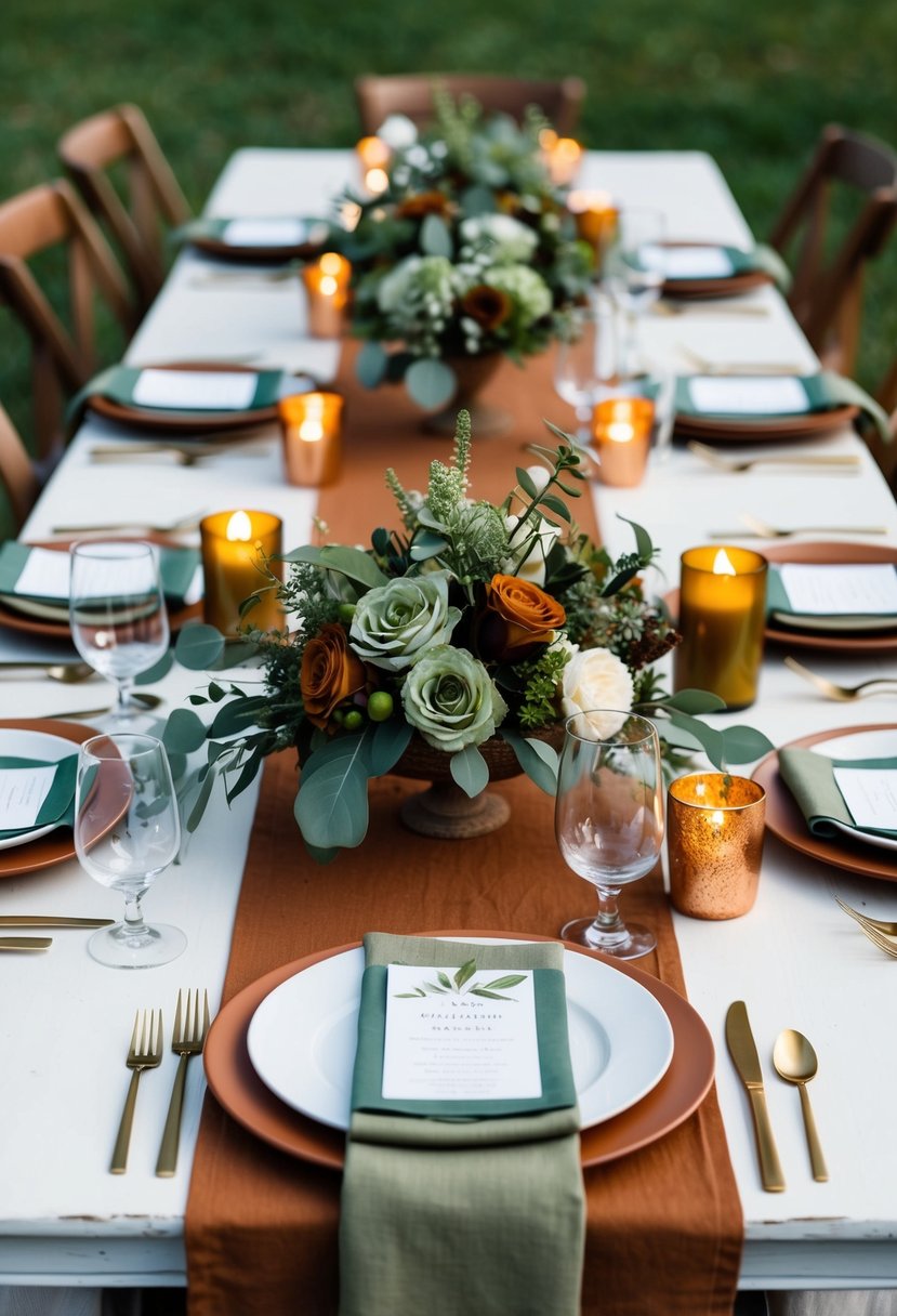 A rustic wedding table set with olive and terracotta linens, adorned with sage green floral arrangements and warm candlelight