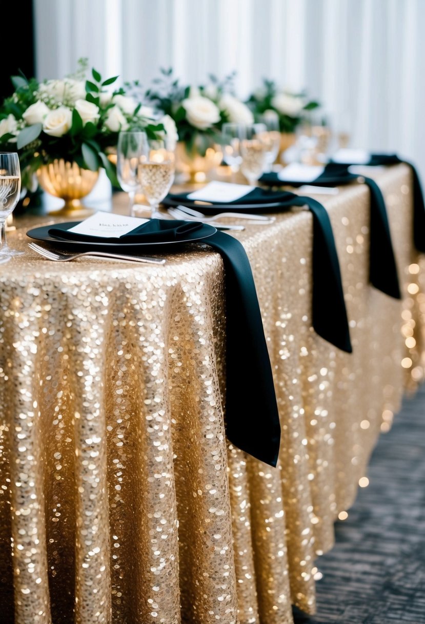 A shimmering champagne sequin tablecloth adorned with black accents, set for a chic and elegant wedding celebration