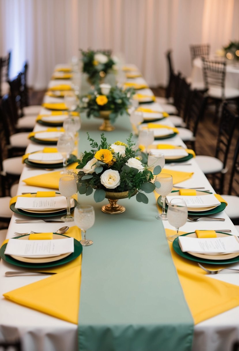 Sage green table runners with yellow accents adorn a wedding reception table