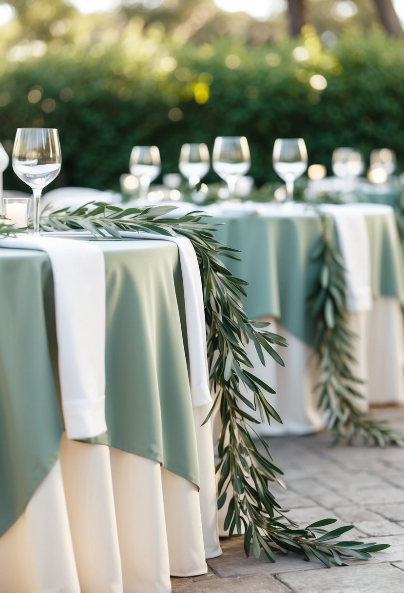 Sage and white linens draped over tables, accented with olive branches