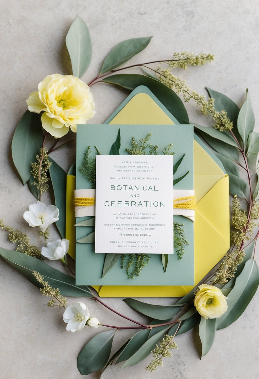 A sage and yellow invitation suite adorned with botanical elements, evoking a serene and natural aesthetic for a wedding celebration