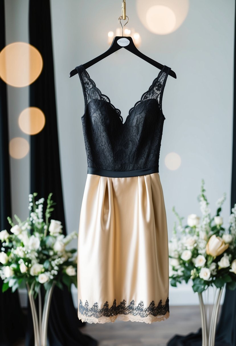 A black lace dress with a champagne underskirt hangs on a sleek mannequin, surrounded by elegant champagne and black wedding decor