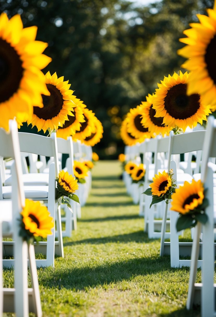 A vibrant outdoor wedding with sunflower aisle decorations in sage green and yellow