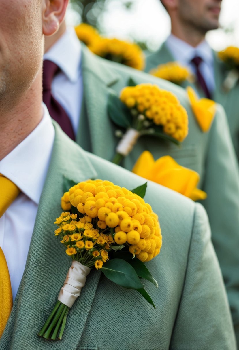 Mustard yellow boutonnieres pinned to sage green suits