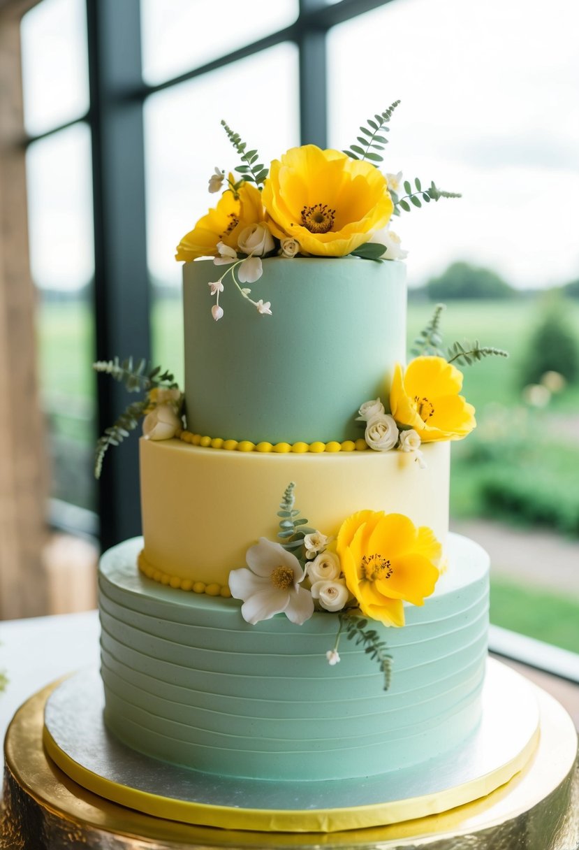 A sage and yellow wedding cake with edible floral decorations