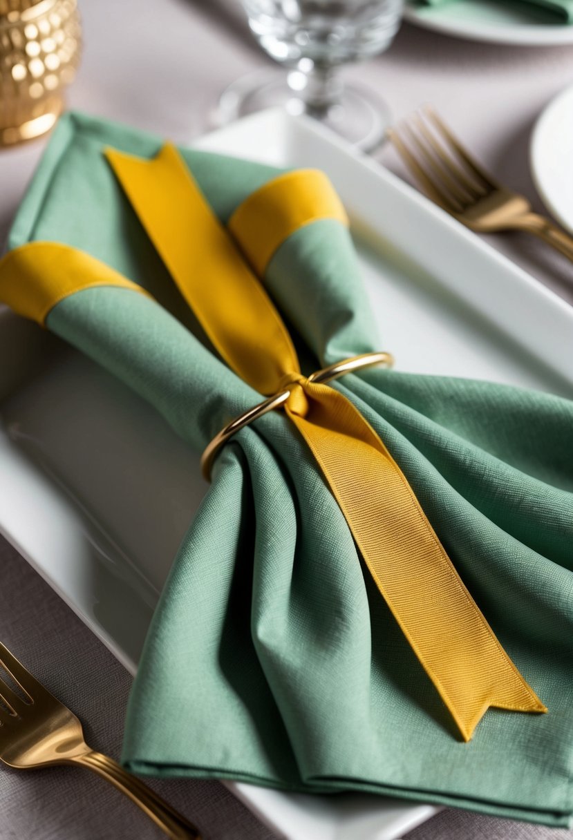 Sage green napkins tied with mustard yellow ribbon on a table setting