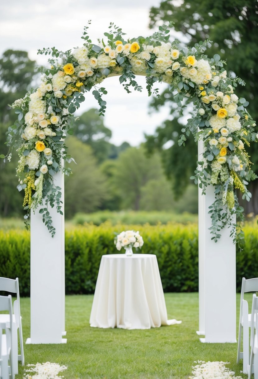 A soft sage and yellow floral arch stands as a stunning backdrop for a wedding