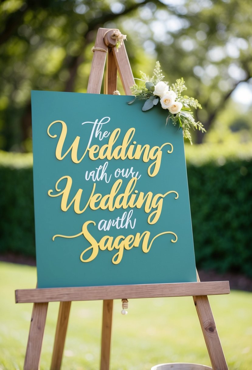 Sage green wedding signage with yellow calligraphy displayed on a rustic wooden easel