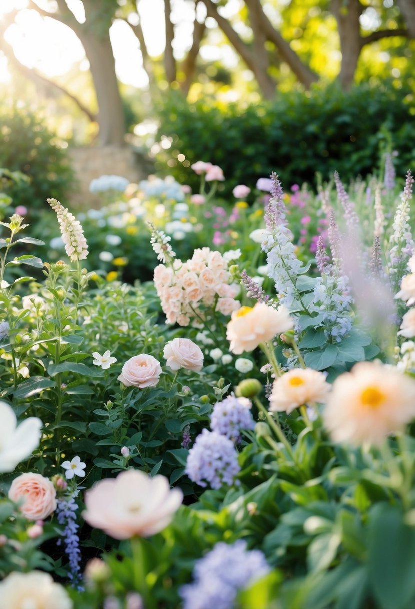 A garden filled with pastel flowers, soft greenery, and delicate touches of blush, lavender, and baby blue. The sunlight filters through the trees, casting a warm glow over the scene