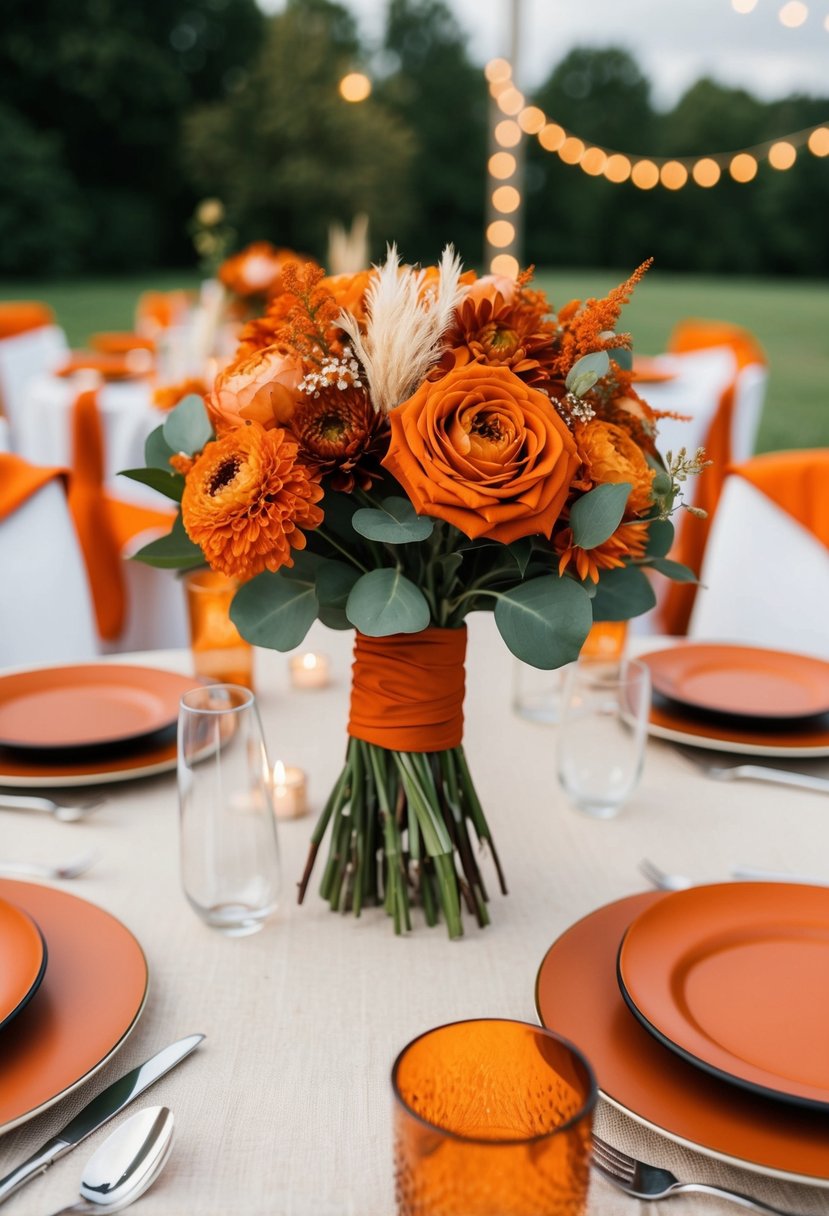 A rust orange wedding bouquet with matching table decor and bridesmaid dresses