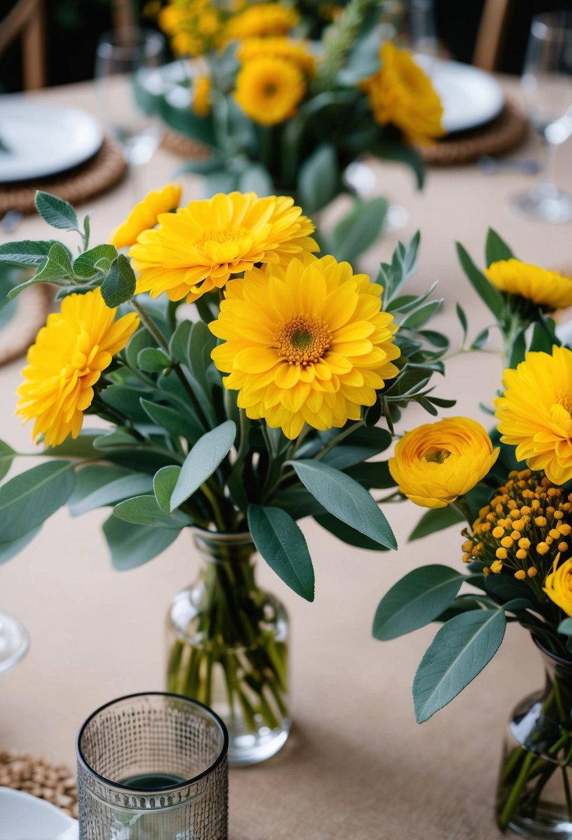 Mustard yellow flowers with sage green leaves arranged in centerpieces