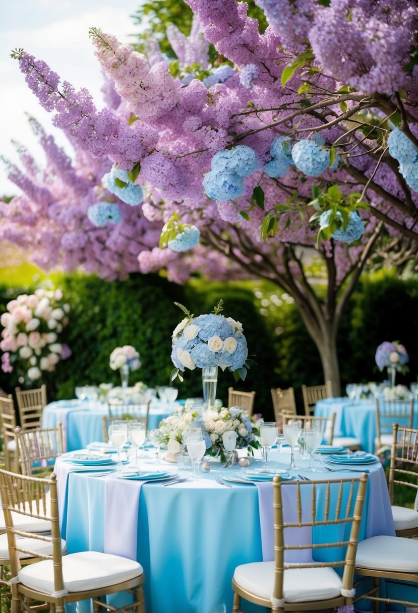 A garden filled with blooming lilac and baby blue flowers, with a table set for a wedding reception adorned with matching pastel linens and decor