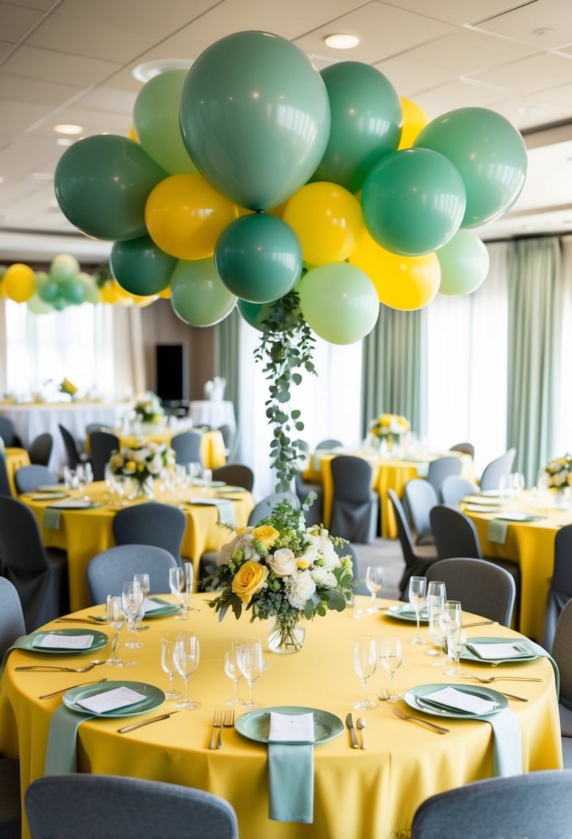 Sage green and yellow balloons, tablecloths, and floral arrangements adorn a bridal shower venue, creating a cohesive and elegant color scheme