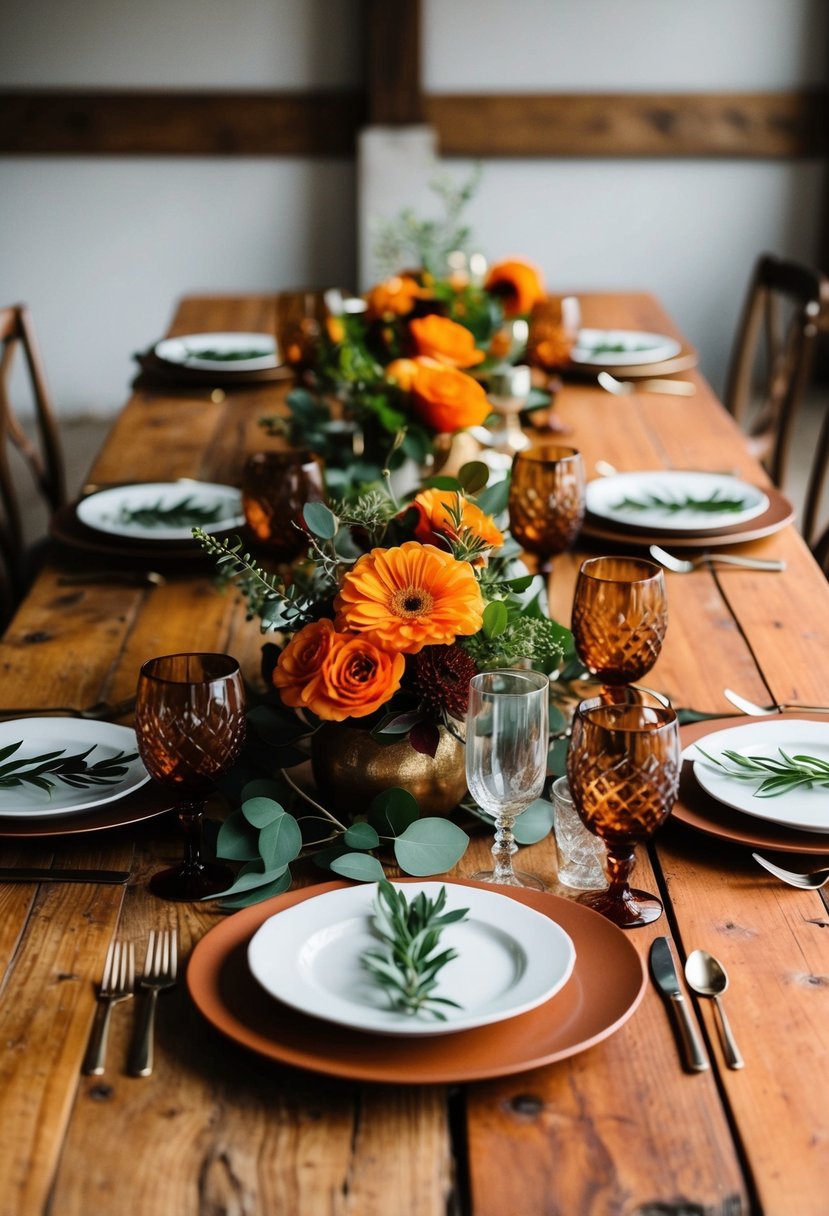 A rustic wooden table adorned with burnt orange and greenery centerpieces