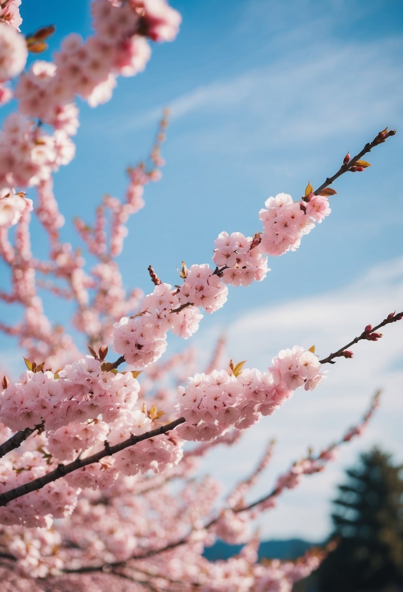 A blooming cherry blossom tree against a soft blue sky