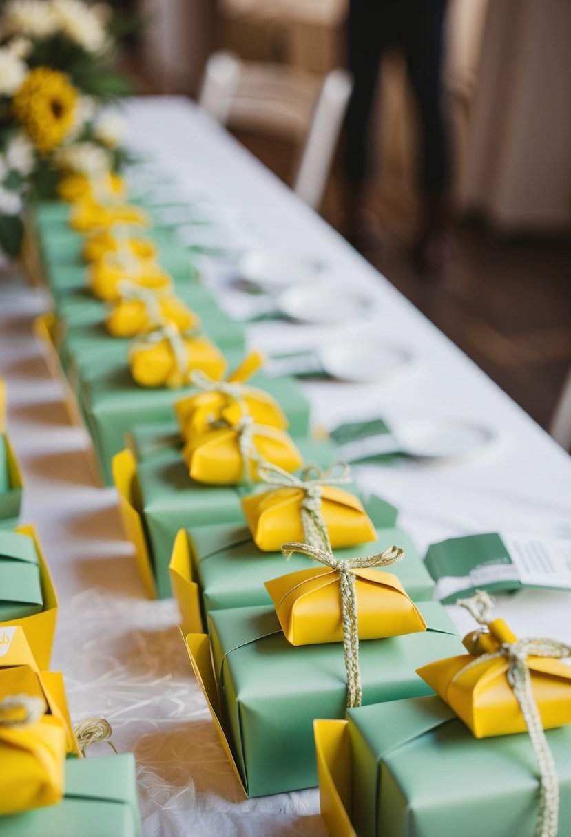 Sage green wedding favors arranged with yellow packaging on a decorated table