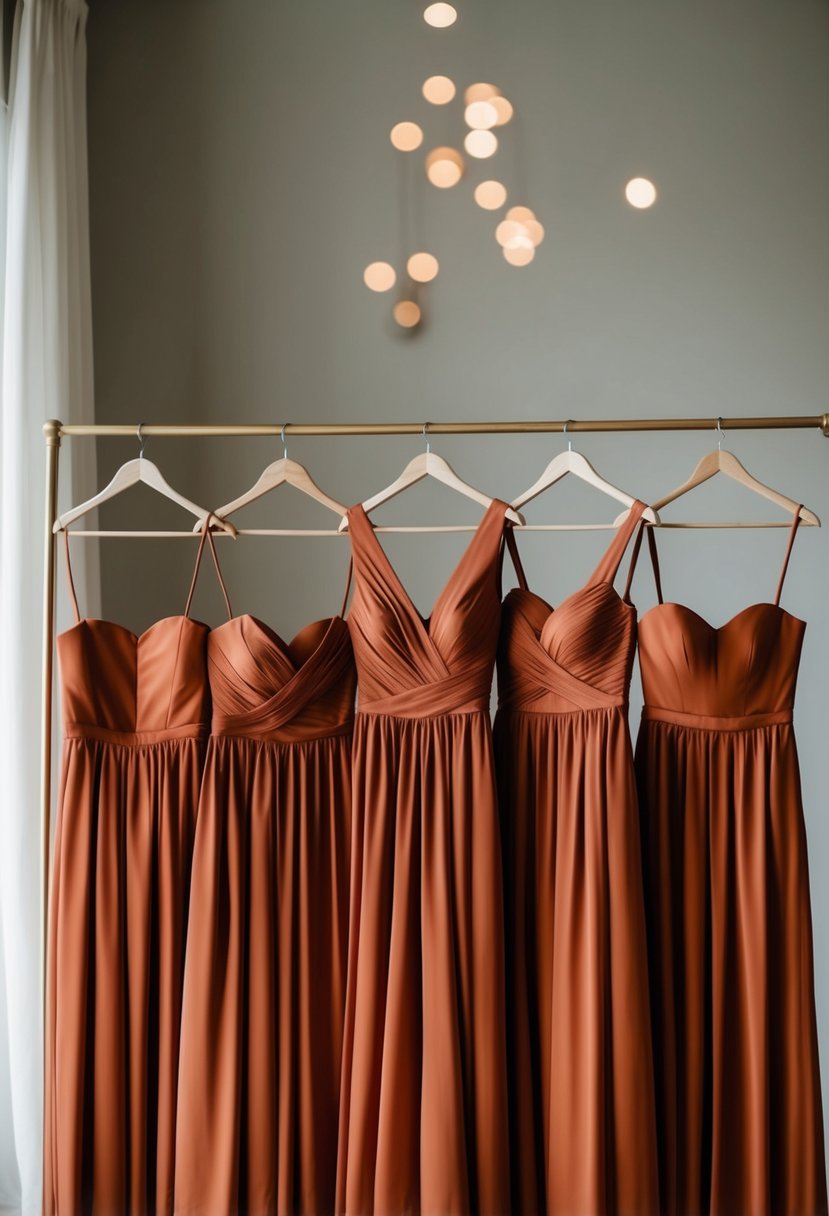 A group of bridesmaid dresses in rust orange, arranged in a line, with soft lighting and a simple, elegant backdrop