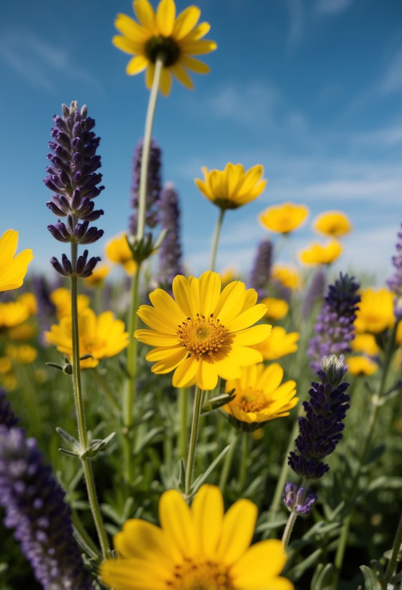 A sunny field of buttercup yellow and lavender flowers, with a clear blue sky and a gentle breeze