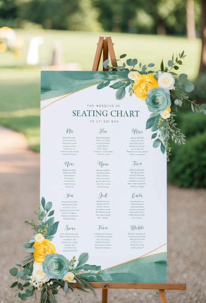 A seating chart adorned with sage and yellow floral designs for a wedding