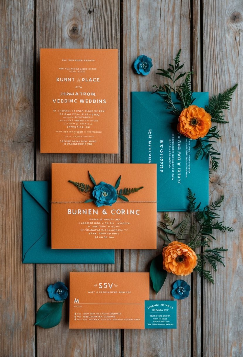 A rustic wedding invitation suite featuring burnt orange and teal colors, with floral and foliage accents, set against a weathered wood background