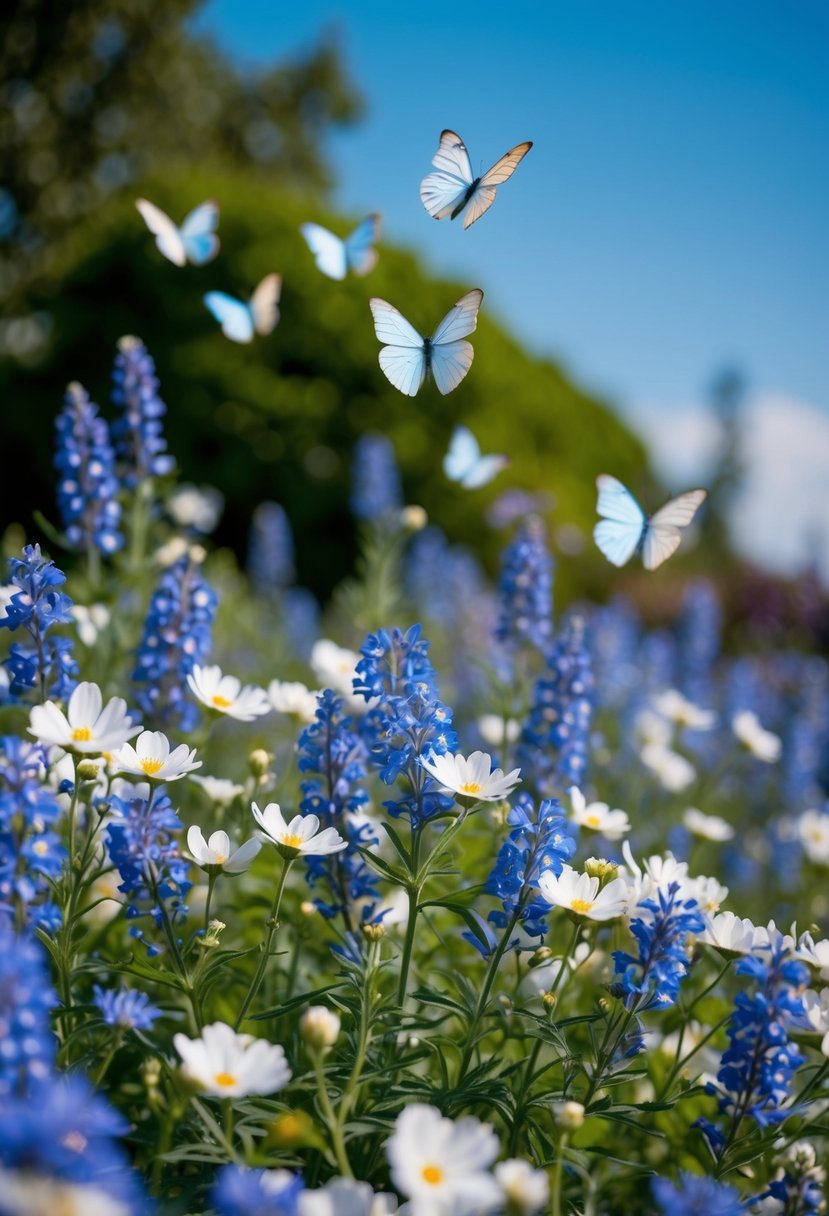 A serene garden filled with blooming blue and white flowers, with a clear blue sky overhead and iridescent white butterflies fluttering around