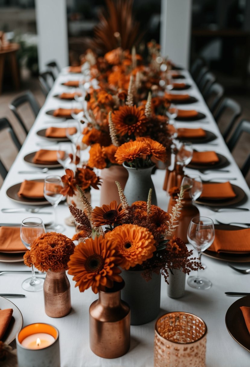 A table adorned with rust and orange floral arrangements in various vases and containers