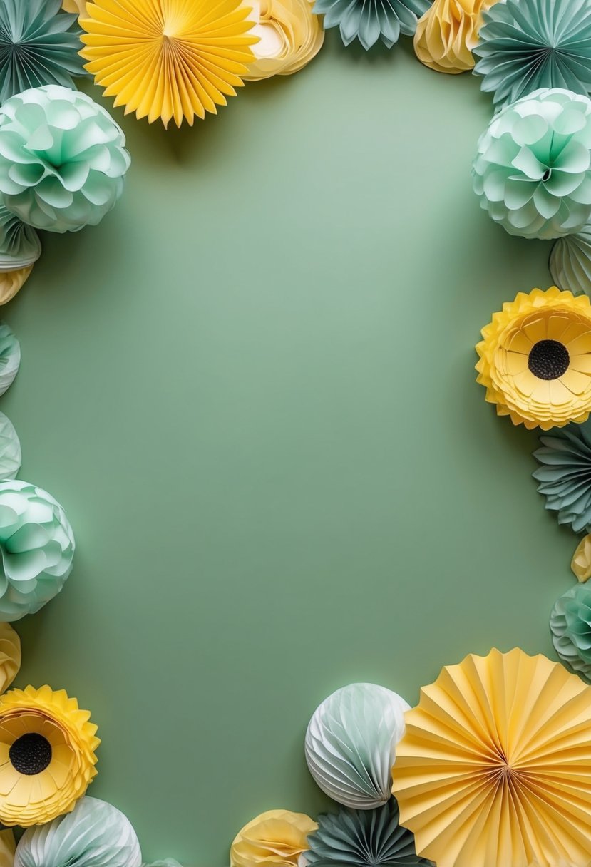 A sage green and yellow photobooth backdrop with wedding decor in matching colors