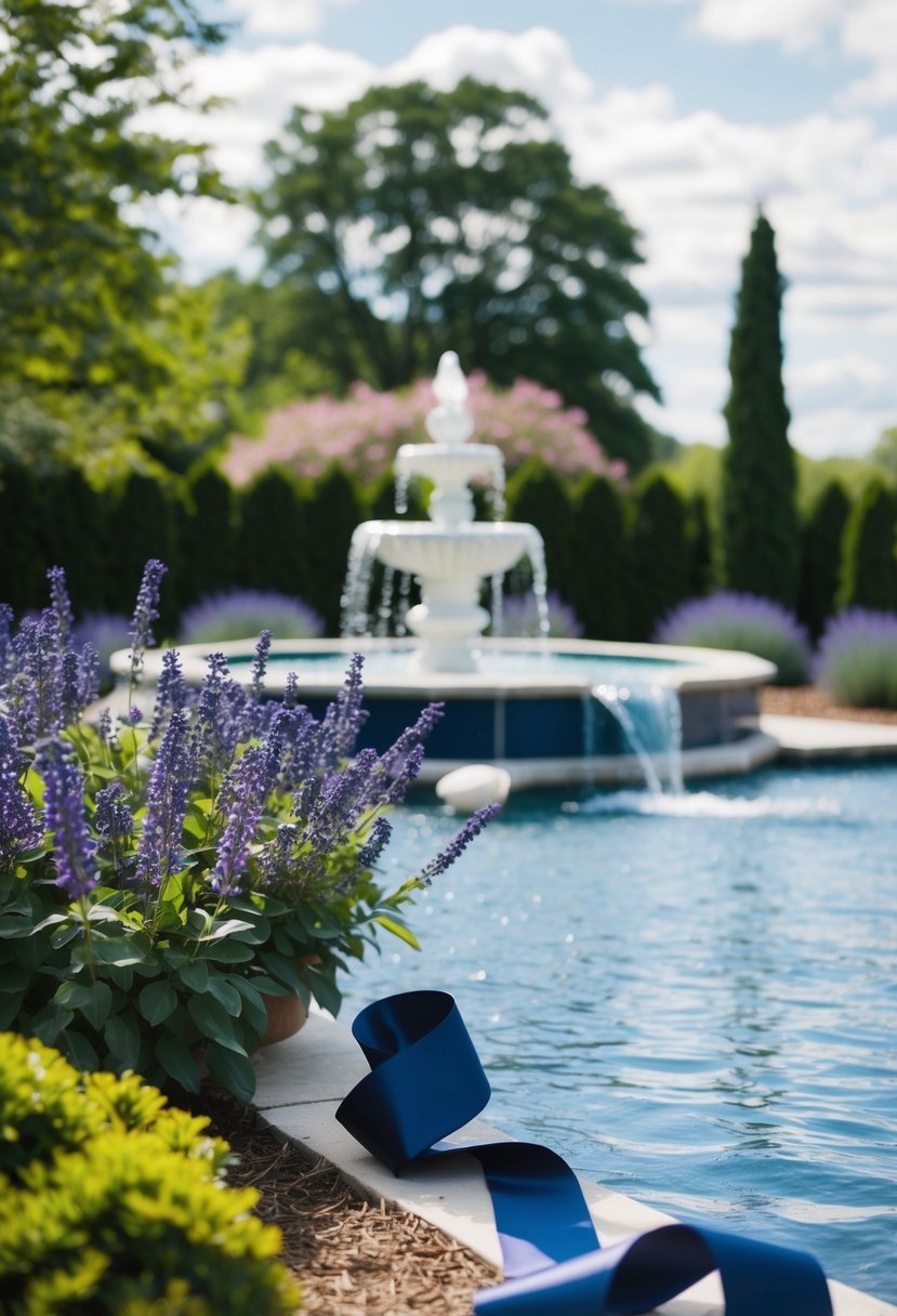 A navy and lavender themed spring wedding: A lush garden with lavender blooms, navy ribbons, and a flowing fountain