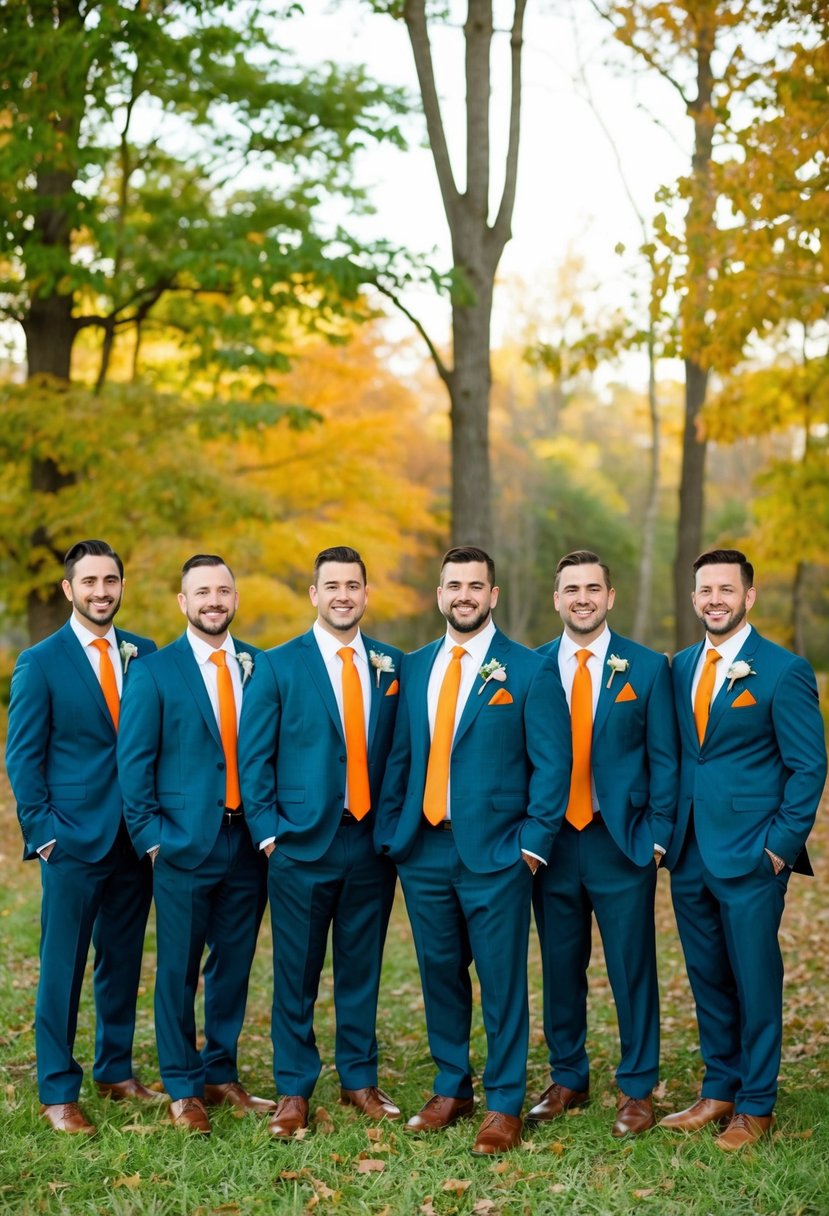 A group of groomsmen wearing burnt orange ties stand together in a rustic outdoor wedding setting, surrounded by autumn foliage