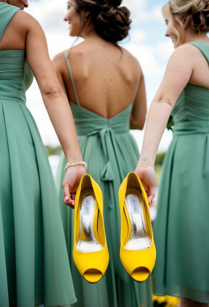 Yellow bridesmaid shoes stand out against sage green dresses at a wedding