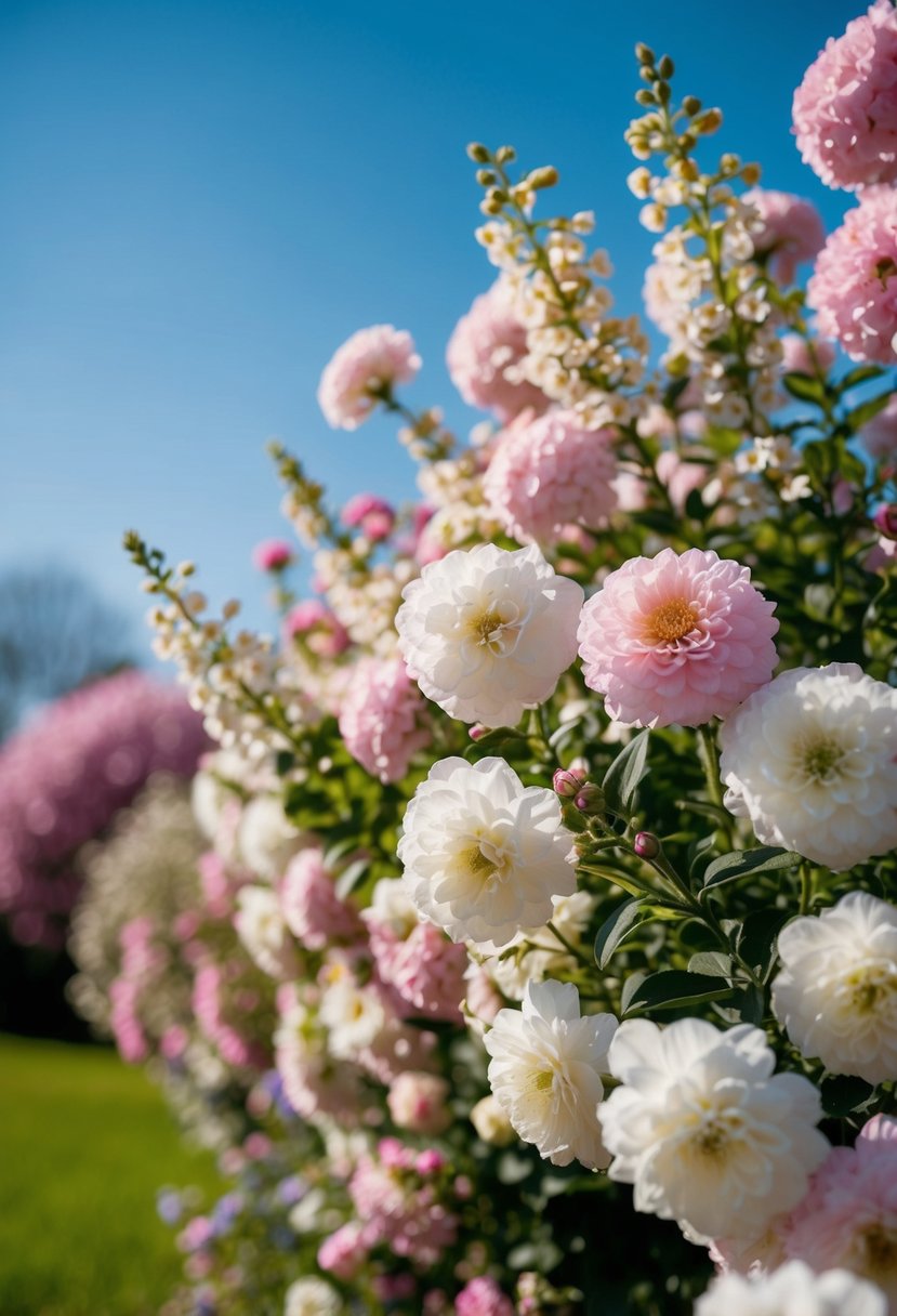 A blooming garden filled with pink and ivory flowers, set against a backdrop of a clear blue sky on a sunny spring day