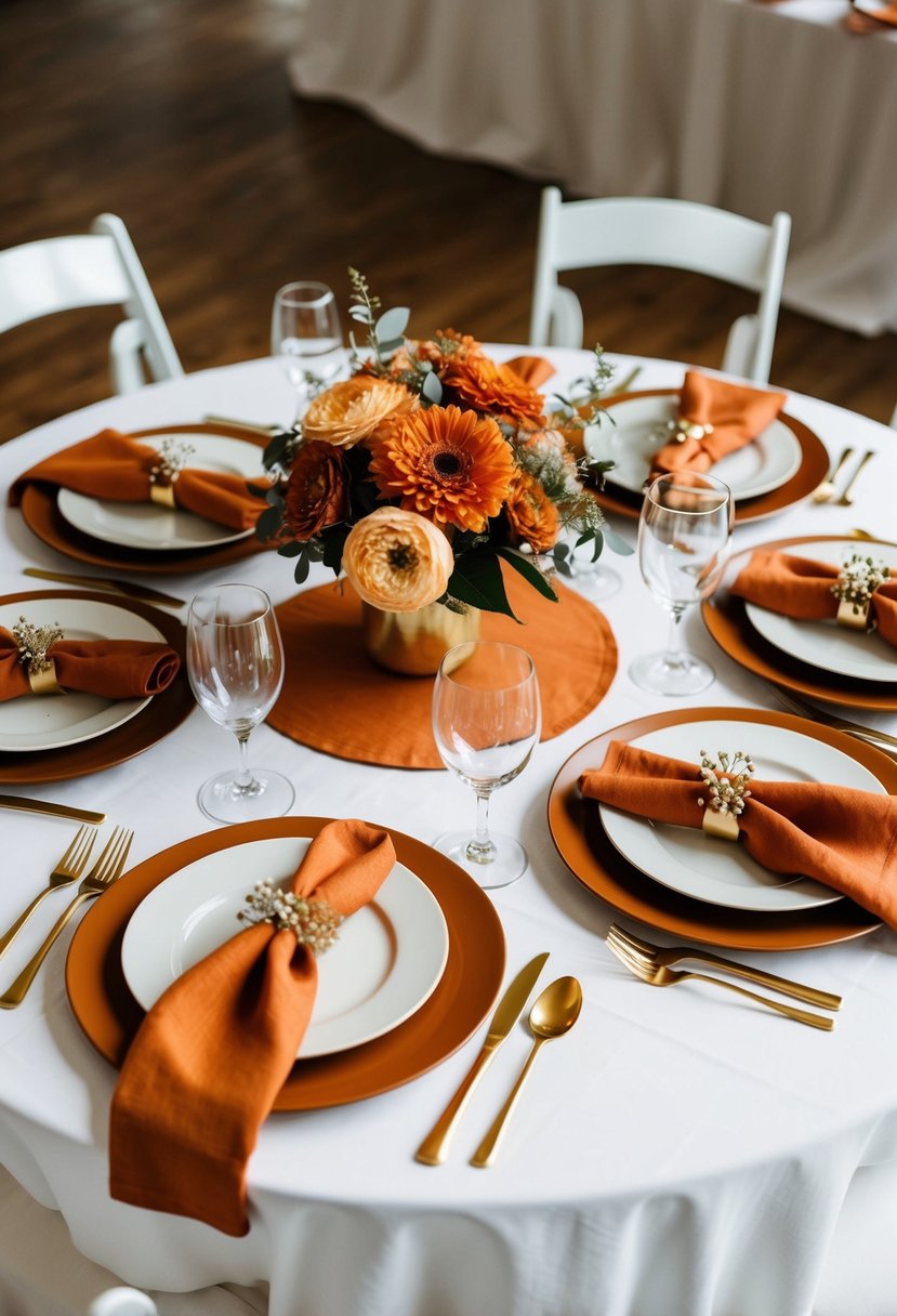 Rust orange and gold table settings arranged on a white linen tablecloth, with elegant plates, napkins, and centerpieces