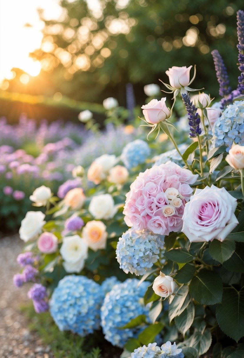 A garden filled with pastel roses, lavender, and pale blue hydrangeas under a soft, golden sunset