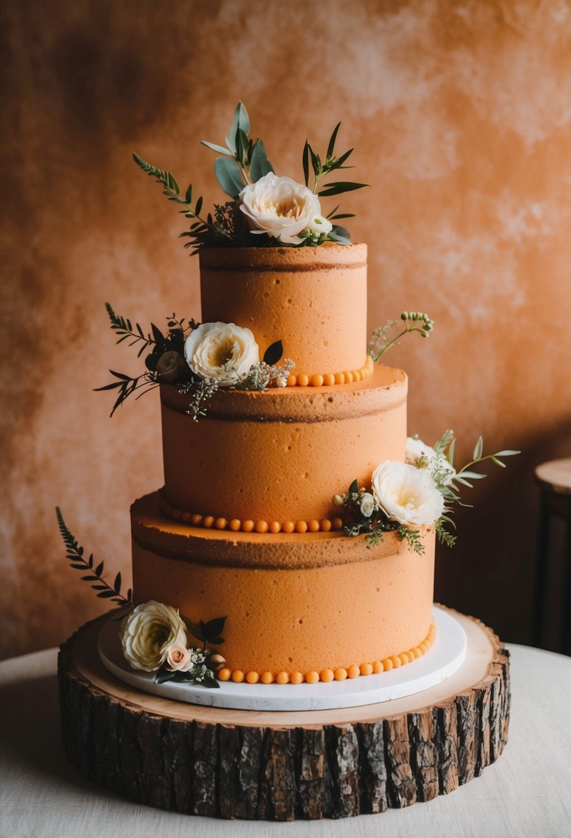 A three-tiered rustic orange wedding cake adorned with delicate flowers and greenery, set against a backdrop of warm, earthy tones