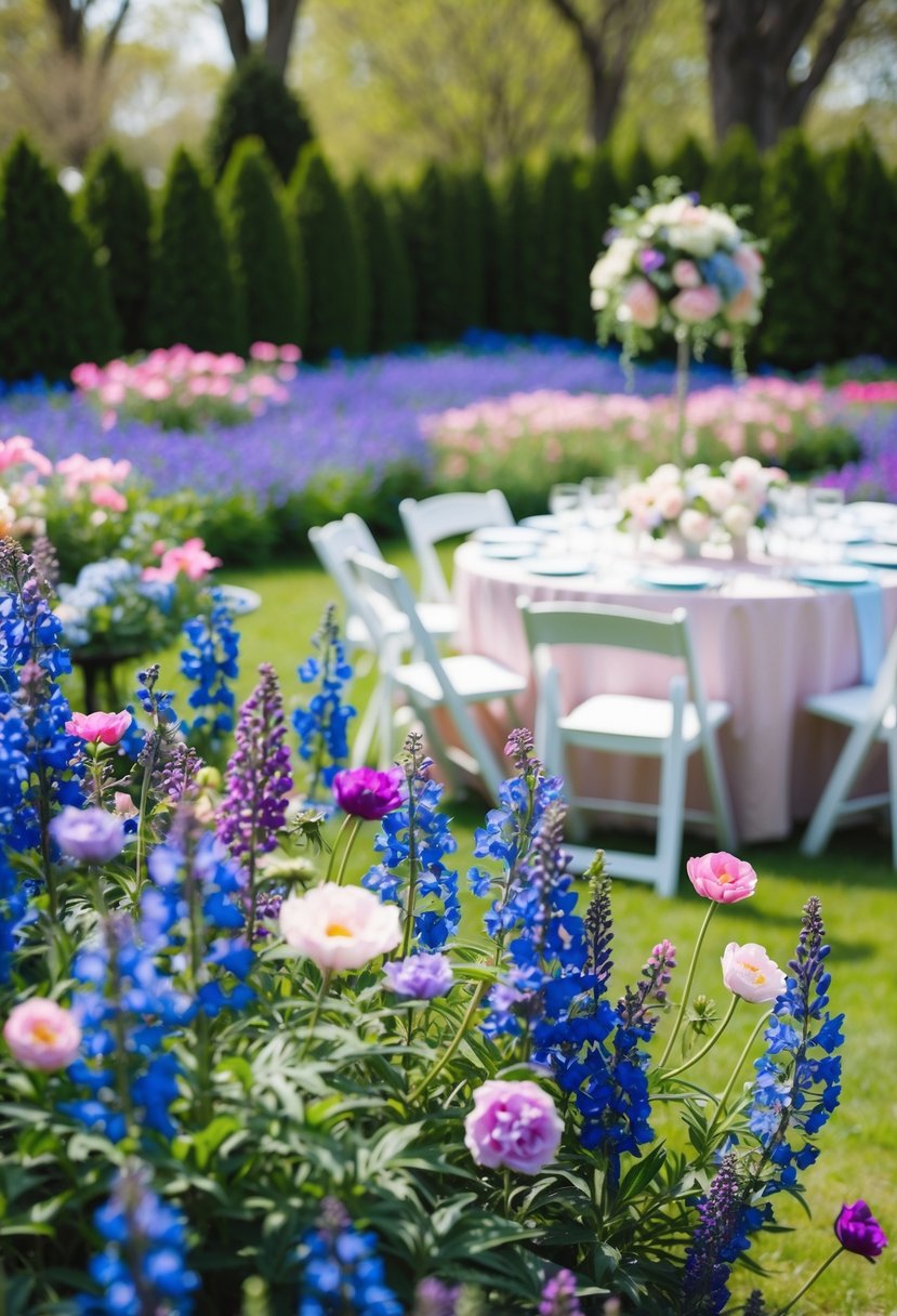 A garden filled with blue, purple, and pink flowers in full bloom, with a table set for a spring wedding in the background