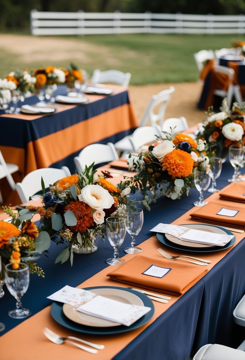 A rustic wedding table set with burnt orange and navy linens, adorned with floral centerpieces in coordinating hues