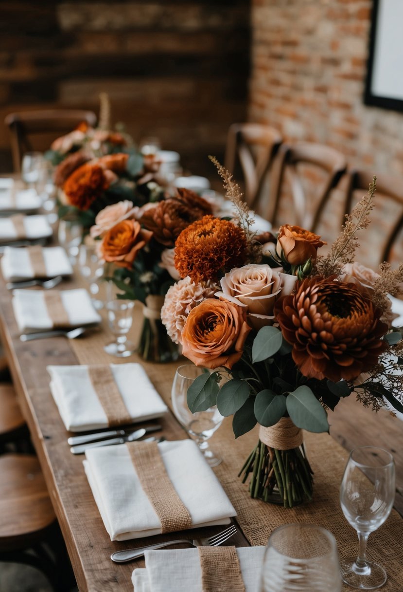 A rustic wedding table adorned with bouquets of rust orange and dusty rose flowers