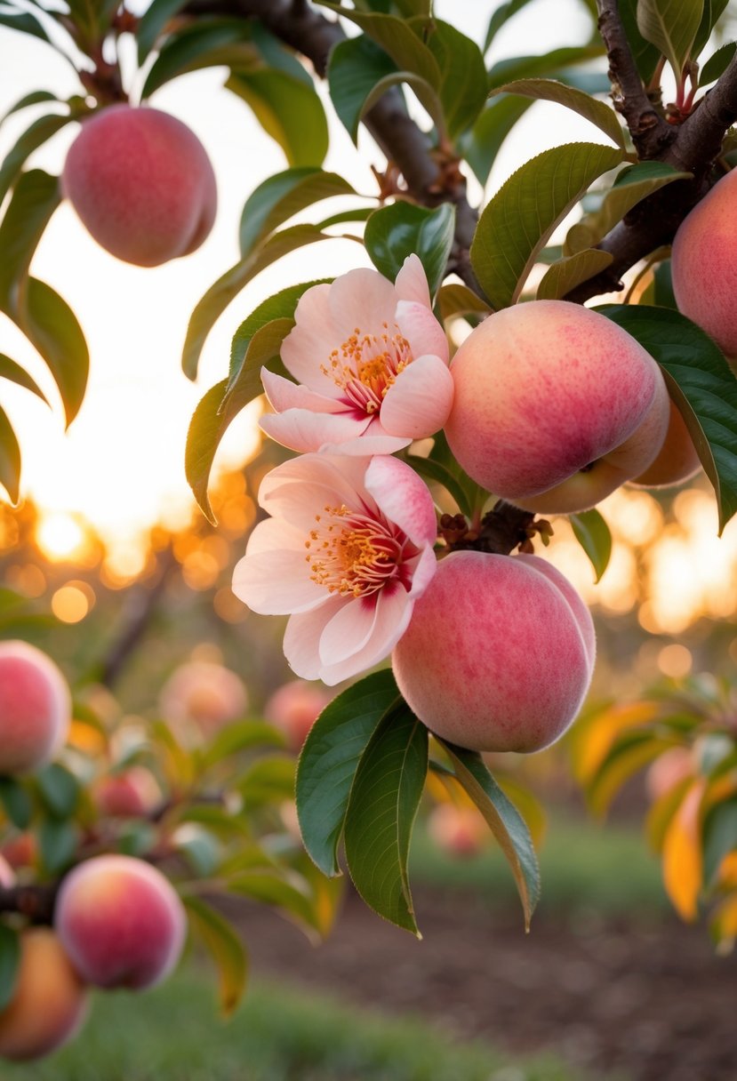 A blooming peach orchard at sunset, with warm hues of pink, coral, and gold reflecting off the petals and leaves