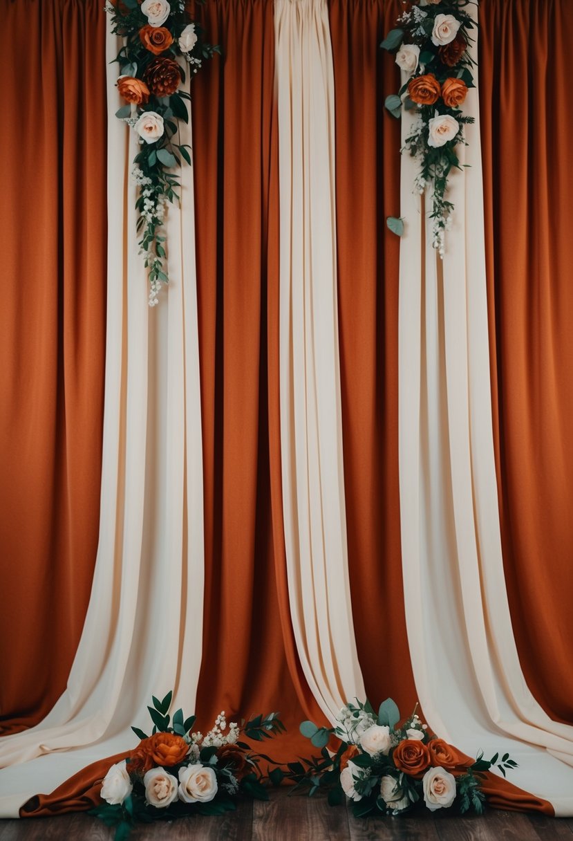 A burnt orange and ivory fabric draped backdrop with floral accents