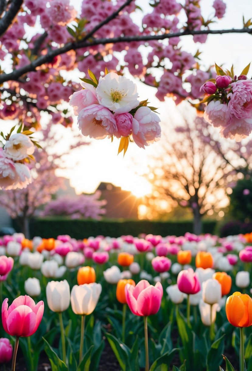 A garden filled with blooming cherry blossoms, peonies, and tulips in shades of pink, white, and orange, with a soft sunset casting a warm glow over the scene