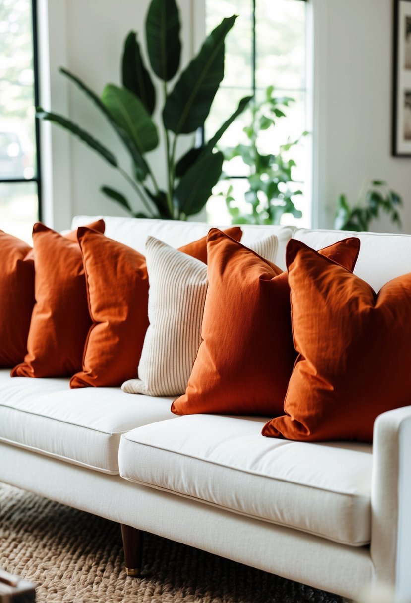 Rust orange accent pillows arranged on a white sofa with green foliage in the background