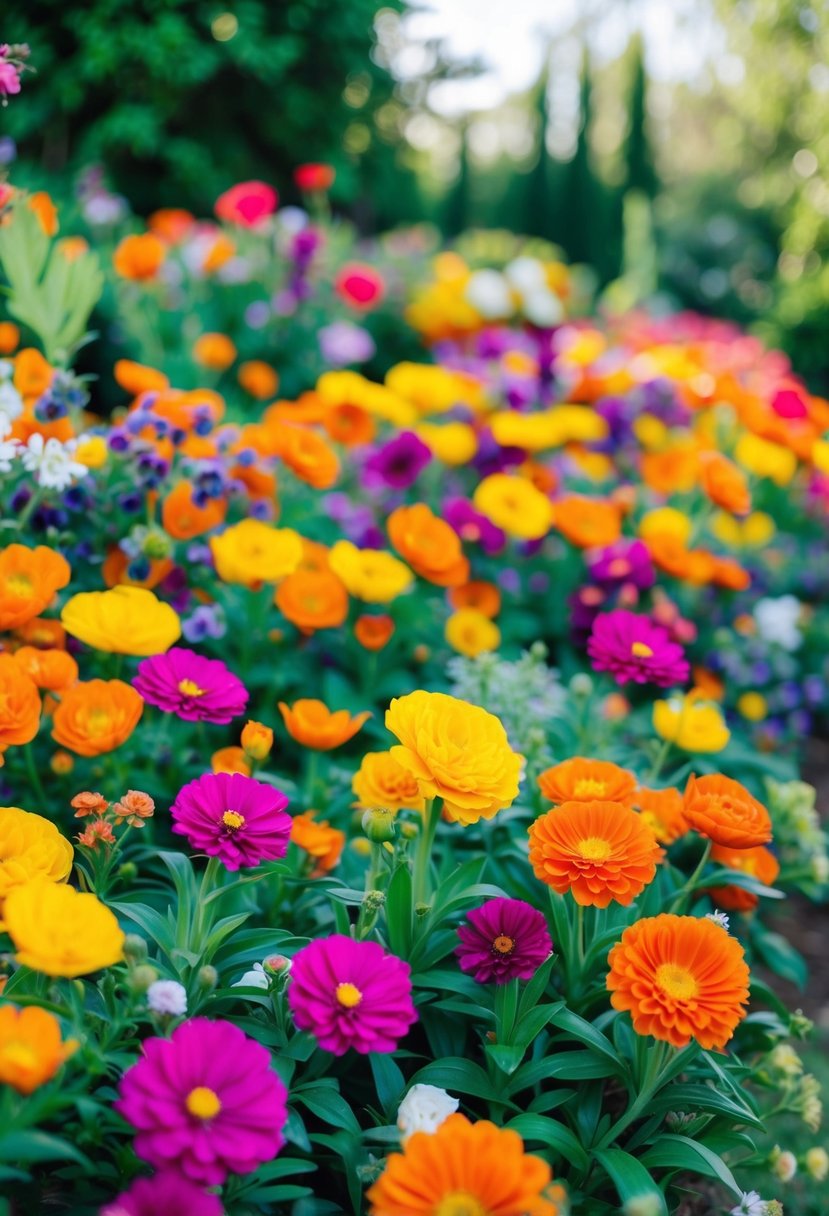 Vibrant flowers in bold hues fill a garden, with pops of greenery and foliage creating a lively spring wedding color palette