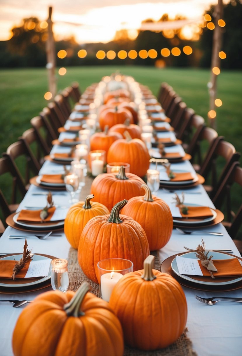 A rustic wedding table adorned with burnt orange pumpkins and decor