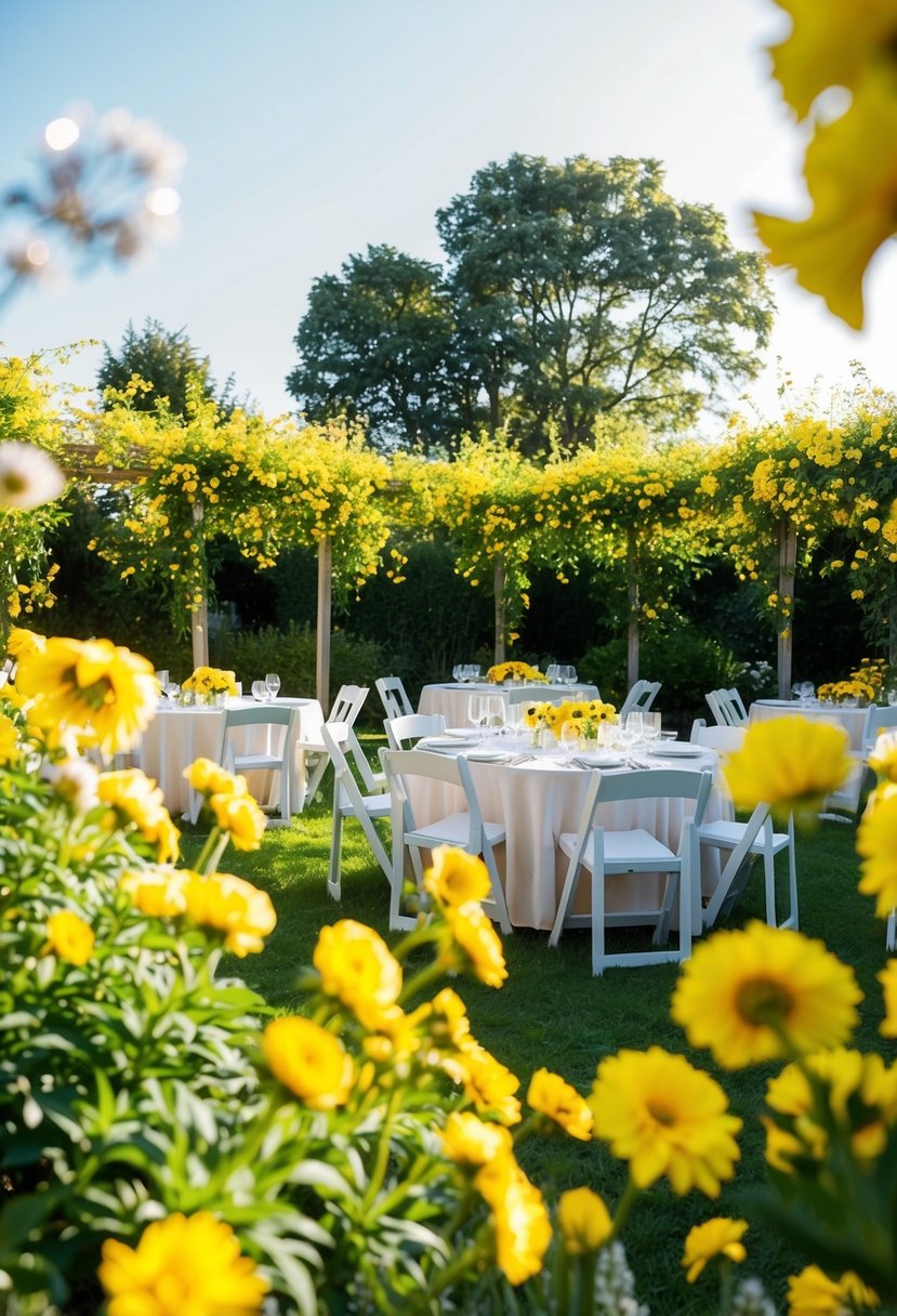 A sunlit garden filled with yellow flowers and soft white linens draped over tables and chairs